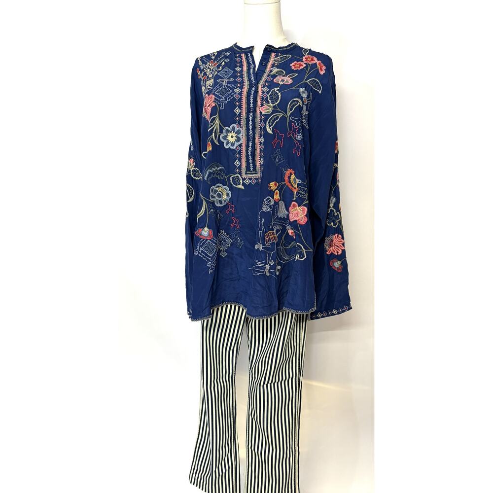 Johnny Was Blue Bird Silk Embroidered Tunic Blouse XXL NWT Floral Boho Peasant - Picture 2 of 9